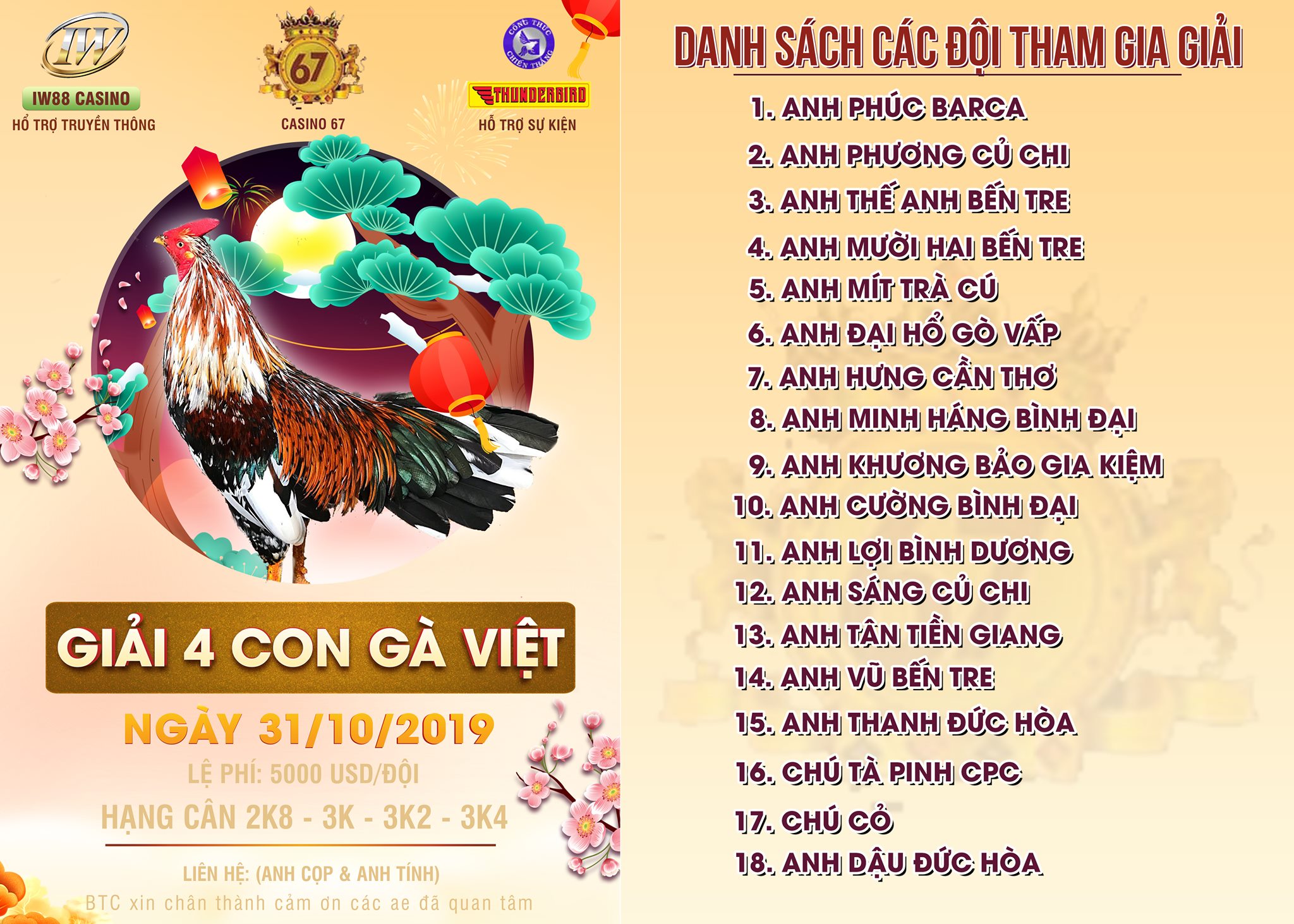danh sách tham dự giải 4 con gà Việt ngày 31/10/2019